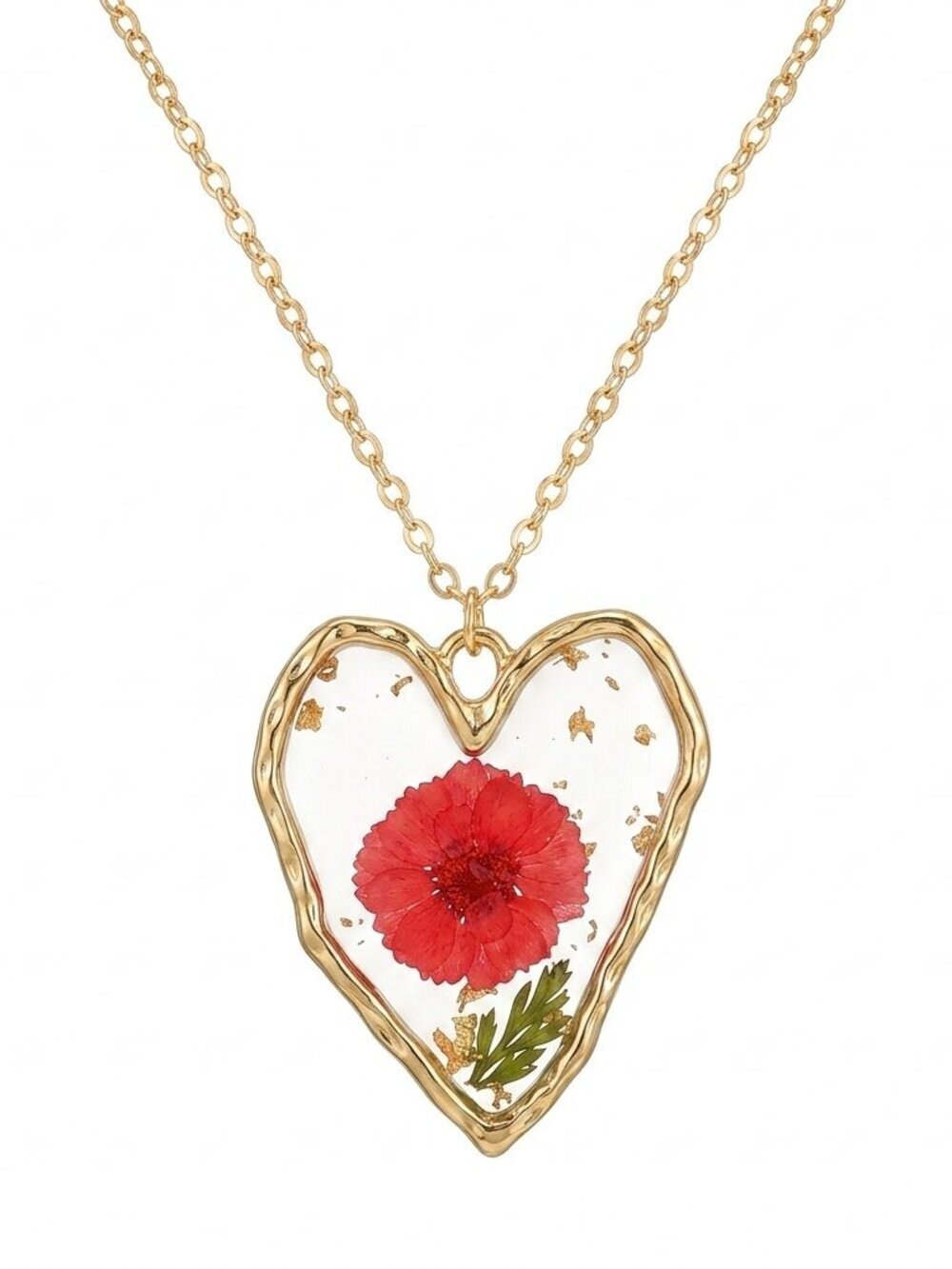 🆕Real Dried Red Flower Resin Heart Pendant Necklace Gold Boho Botanical Jewelry